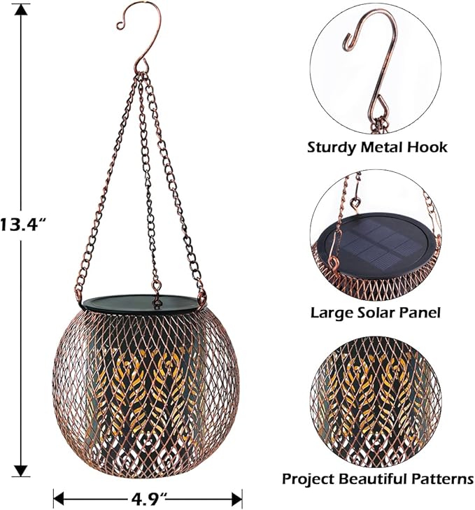 LeiDrail Solar Lantern Outdoor Waterproof Hanging Solar Lights, Metal Patio Decor for Outside Gifts for Women Men Feather Pattern Decorative LED Lanterns for Yard Lawn Pathway Garden Decor 2 Pack