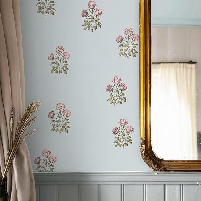 17.3" x 78.7" Vintage Blue Floral Wallpaper Peel and Stick Boho Wallpaper by LUKUUI