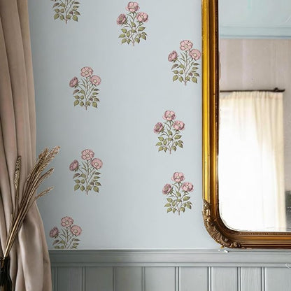 17.3"× 118.1" Vintage Blue Floral Wallpaper Peel and Stick Boho Wallpaper by LUKUUI
