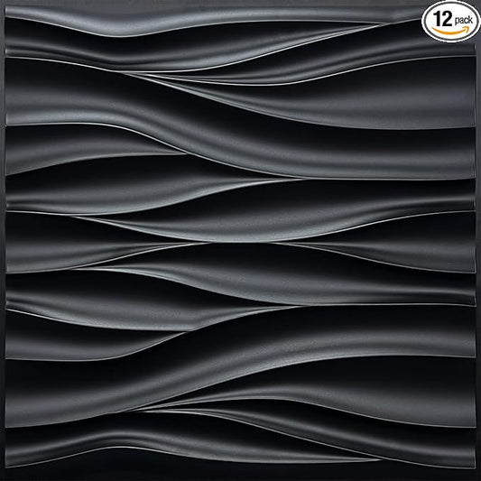 STICKGOO Black 3D Wall Panels, Wave Design Textured PVC Wall Panels, by STICKGOO