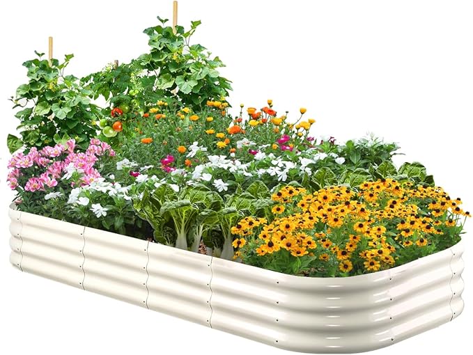 Quictent Galvanized Raised Garden Bed Kit, 6x3x1ft Oval Large Metal Outdoor Planting Box, Ground Planter Strengthened by Crossbar, Beige