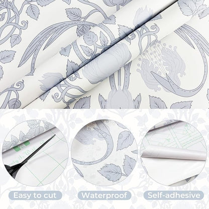 YXTII 17.3" × 393.7" Blue Floral Peel and Stick Wallpaper, Damask Vintage - Image 2