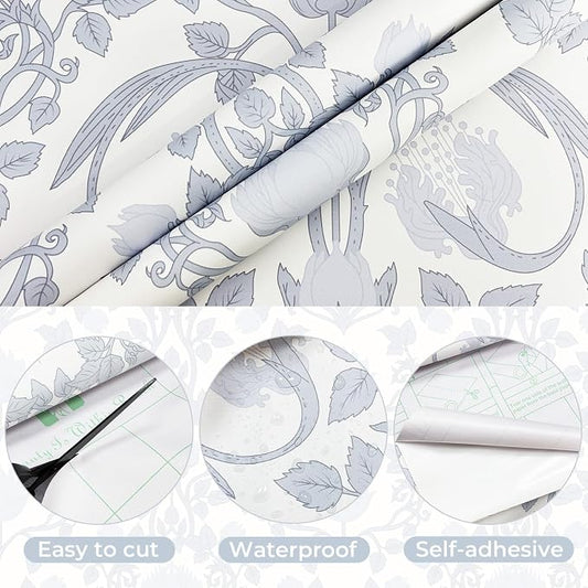YXTII 17.3" × 393.7" Blue Floral Peel and Stick Wallpaper, Damask Vintage - Image 2