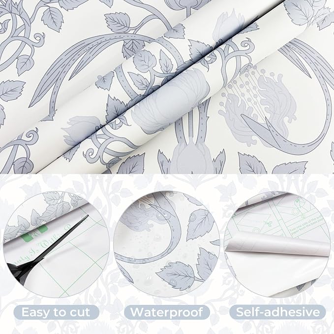 YXTII 17.3"×78.7" Blue Floral Peel and Stick Wallpaper, Damask Vintage Wallpaper - Image 2
