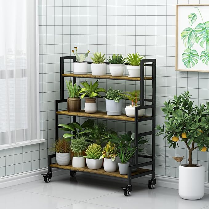 YIZAJIA Plant Stand Indoor 3 Tier Metal Board Outdoor Tiered Stands Shelf With wheel for Multiple Plants Potted Ladder Plant Holder Table Plant Pot Stand for Window Garden Balcony Living Room (3