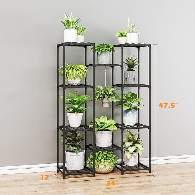 Bamworld Black Plant Stand Indoor Bamboo Hanging Plants Shelf for Multiple Plants Tall Large Holder for Living Room, Patio, Balcony, Garden