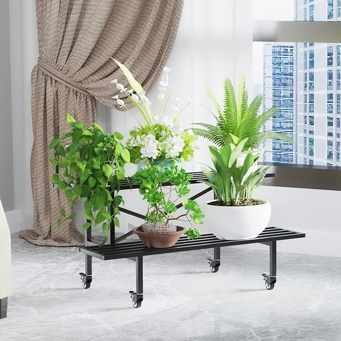 Zhongma 2 Tier Sturdy Metal Plant Stand with Wheels Heavy Duty Plant Holder for Home Indoor and Outdoor,L45.67 x W17.5 x H16.14 inch,440 LBS Capacity & Heavy Duty Construction