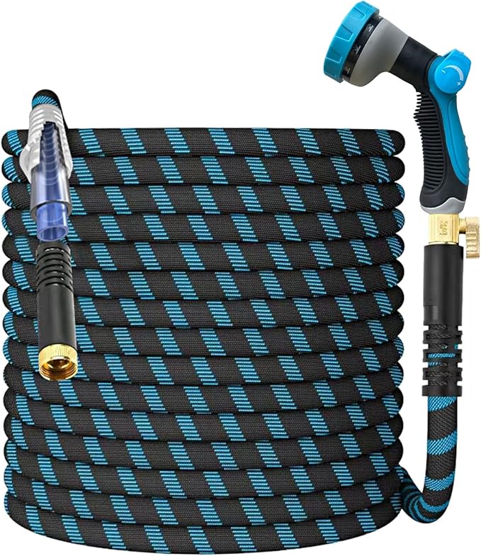 150Ft Non-Expandable Garden Hose, Flexible Water Hose with 10-Pattern Spray Nozzle, Lightweight Hose Pipe, Kink-Free, Leak-Proof, 3/4" Solid Metal Fittings