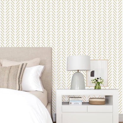 Erfoni Yellow and White Peel and Stick Wallpaper Modern Herringbone Wallpaper - Image 2
