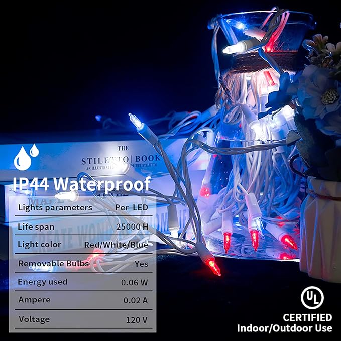 Red White and Blue LED Christmas Lights - 35 Count 4th of July String Lights for Small Tree, Crafts, Independence Day Patriotic Decorations, 11 Feet White Wire, UL Certified, Connectable