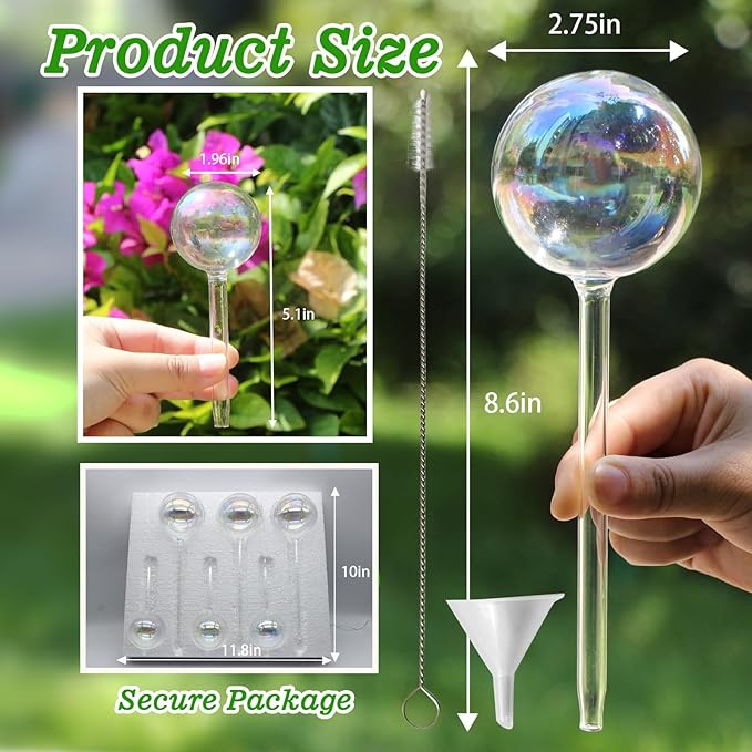 Plant Watering Globes, 6PCS Iridescent Rainbow Gradient Color Clear Glass Bulbs Self Watering Spikes Planter Insert, Automatic Plant Waterer Bulbs Devices for Various Plants