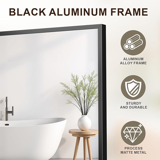 Large Black Bathroom Mirror, Shatterproof & Anti-Rust Vanity Mirror Wall Mount - Image 5