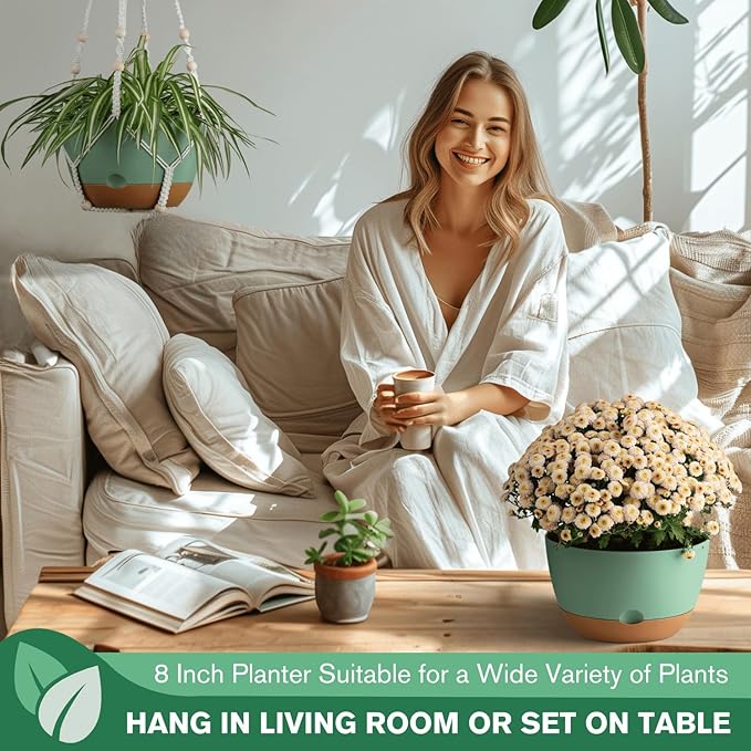 Set of 2-8 Inch Hanging Planters for Indoor Plants with Self-Watering Includes Hanging Pots for Plants, Outdoor Hanging Plant Pot with Drainage, and 2 Types of Hanging Baskets Hangers (Green)