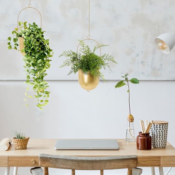 AceList Boho Hanging Planter, Set of 2 Gold Metal Plant Hanger with Hooks and Chains, Modern Wall & Ceiling Planters Outdoor/Indoor Hanging Planter for Window, Porch, Balcony and Home Décor