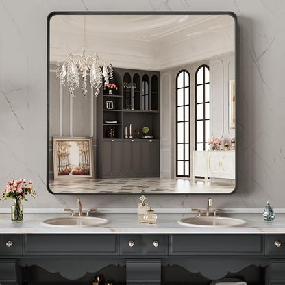 LOAAO 32X32 Inch Black Metal Framed Bathroom Mirror - Image 7