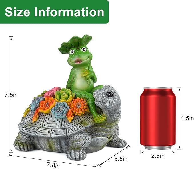 ILLUMINEW Solar Garden Outdoor Statues Turtle& Frog with Succulent and 8 LED Lights, Turtle Carrying Lotus Leaf Frog Figurines, Lawn Decorations for Patio Yard Gifts for Mom Grandma Housewarming