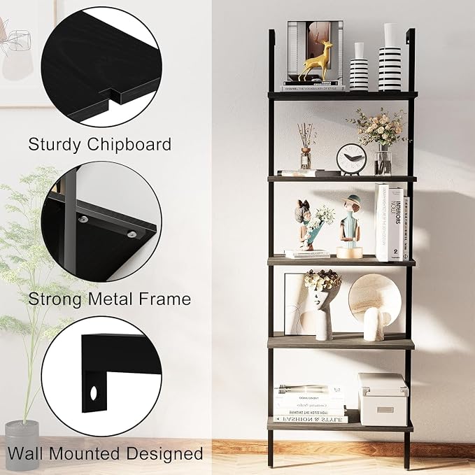 aboxoo Ladder Shelf Open 5-Tier Bookshelf Wall-Mounted Black Wood Bookcase - Image 6