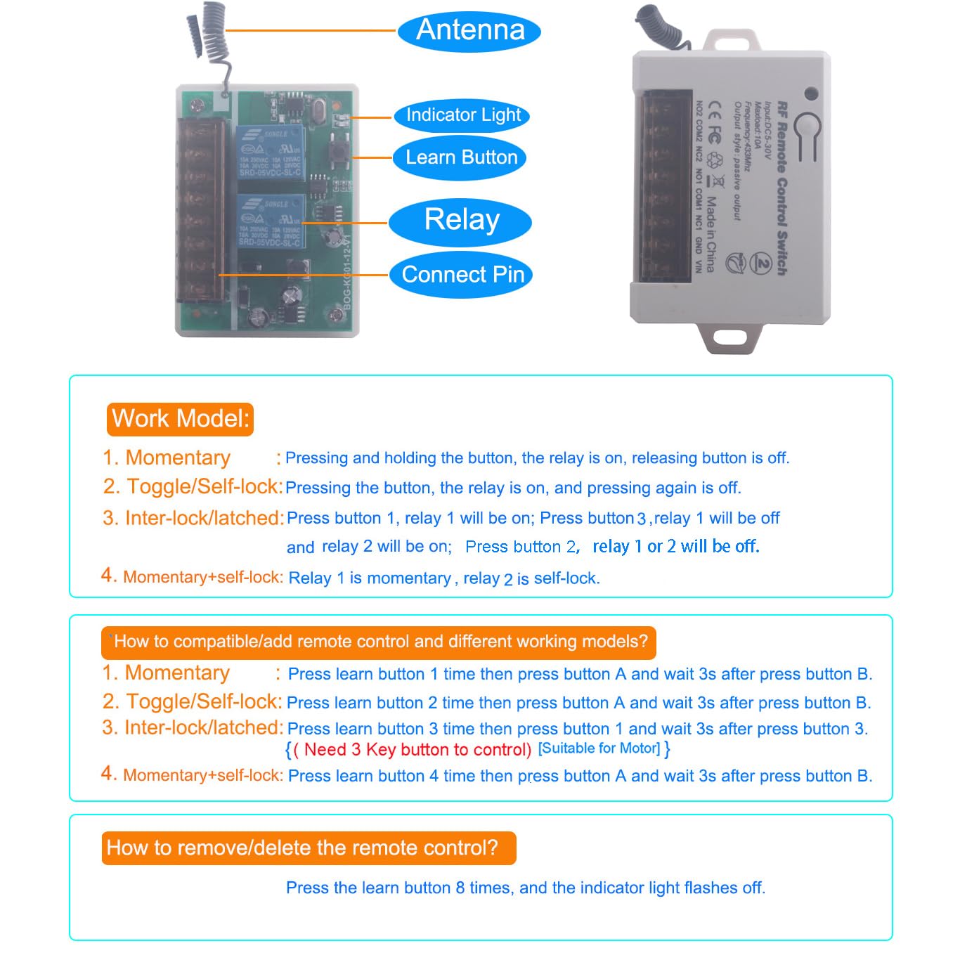 12V 24V 2 Channels Wireless Relay Remote Control Switch, RF 433Mhz DC 5V-30V Garage Door Opener Wireless Switch with Receiver 2 Transmitters, Easy to Terminal Wiring (2CH 2* Controller 433Mhz)