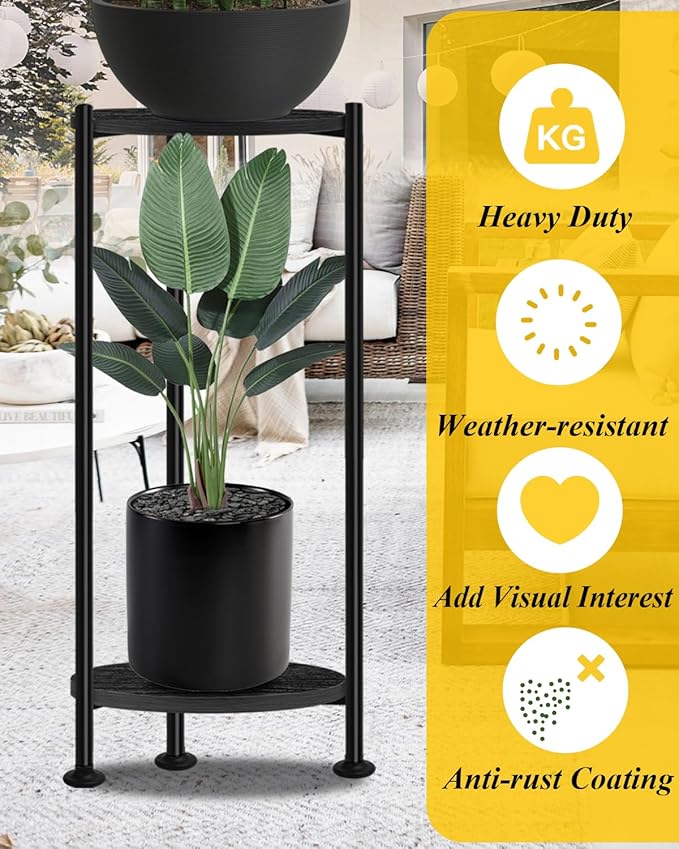 Plant Stand Indoor, 2 Tier Plant Stands for Indoor Plants, 30" Tall Flower Stand with Round Wooden Board Modern Plant Shelf for Living Room, Balcony, Deck