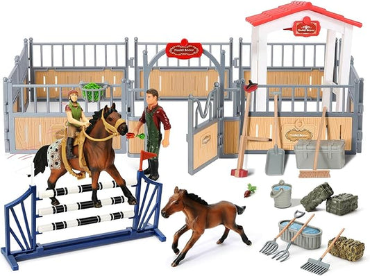 Horse Stable Playset, Horse Toys Set for Girls and Boys with Rider, Farm Animal Figurines Barn Toys, Pretend Play for Kids 3-5 6 7 8-10 Birthday Gifts