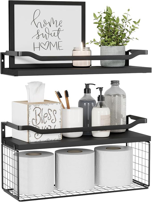 WOPITUES Floating Shelves with Wire Storage Basket, Bathroom Shelves Over by WOPITUESOfficial