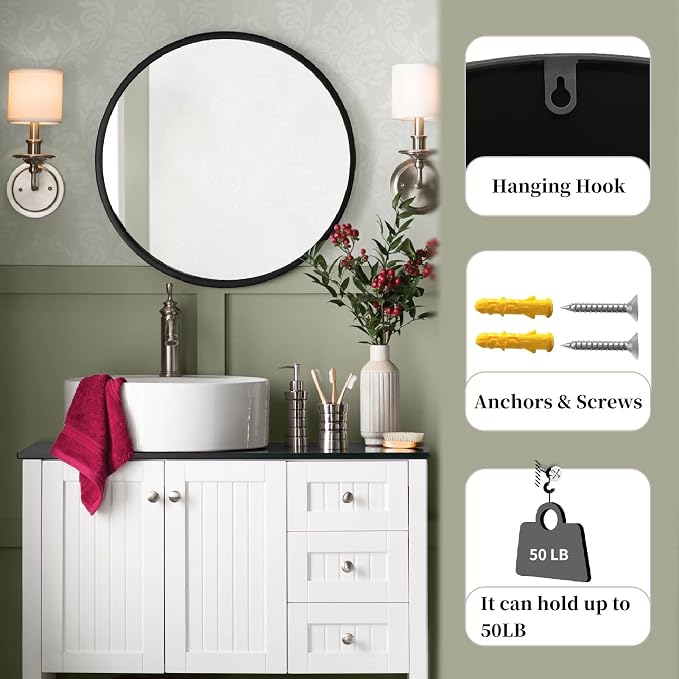 G-LEAF Black Round Mirror 24 inch, Circle Mirror - Image 5