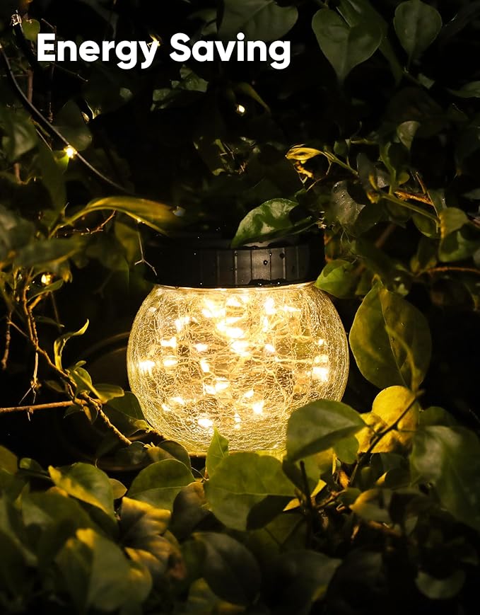 Solar Lantern Solar Lights Outdoor Waterproof 2-Pack, Solar Powered Hanging Lights Cracked Glass Hanging Globes for Christmas Decoration, Shepherd Hook, Garden Tree Ornaments