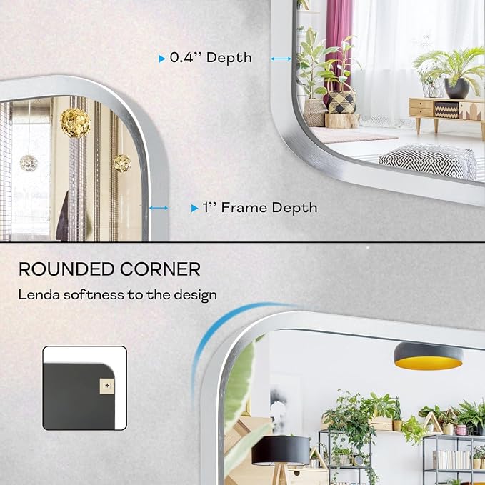 Wall Mount Mirror for Bathroom, Brushed Silver Metal Framed Rounded Corner - Image 5