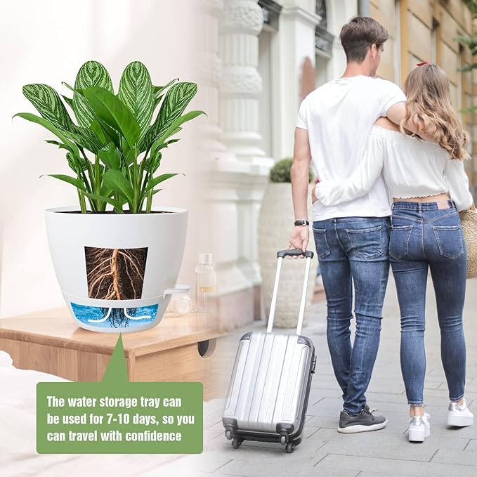 10/9/8 inch Self Watering Pots, Set of 3 Plastic Planters with Mesh Drainage Holes and Deep Reservoir for Indoor Outdoor Garden Plants and Flowers, White