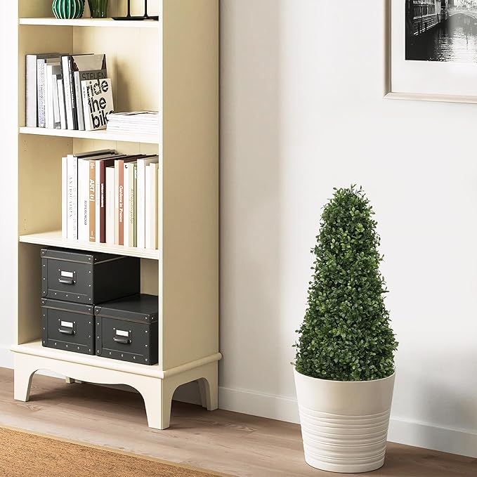 3ft Artificial Boxwood Topiary Trees (Set of 2) - UV Resistant Faux Plants Outdoor, Realistic 36" Fake Cone Bushes and Shrubs for Front Porch, Planter, Patio - Low Maintenance & Evergreen