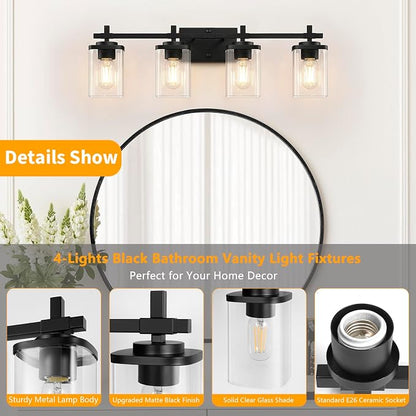 4-Lights Matte Black Bathroom Light Fixture, Modern Black Vanity Lights Over - Image 3