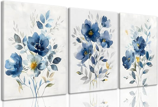 KISSFOX Framed Colorful Wildflower Blue Canvas Wall Art Set Of 3 Flowers by KISSFOX