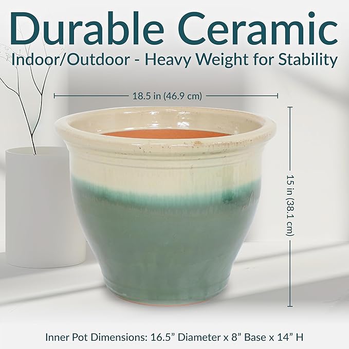 Sunnydaze Studio Large Ceramic Plant Pot - Round Outdoor Glazed Ceramic Planter Pot with Drainage - Gray - 18.5"