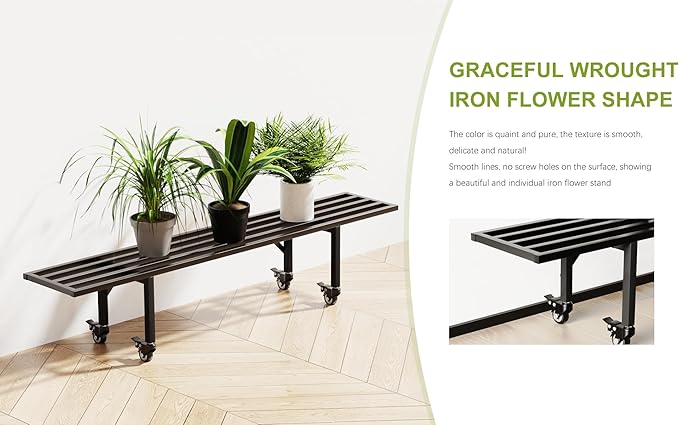 Zhongma One Tier Metal Plant Stand with Wheels,(45.67 L x 8.66 W x 10.3 H) Heavy Duty Plant Holder for Home, Window,Garden, Plant Lovers, Display Stand
