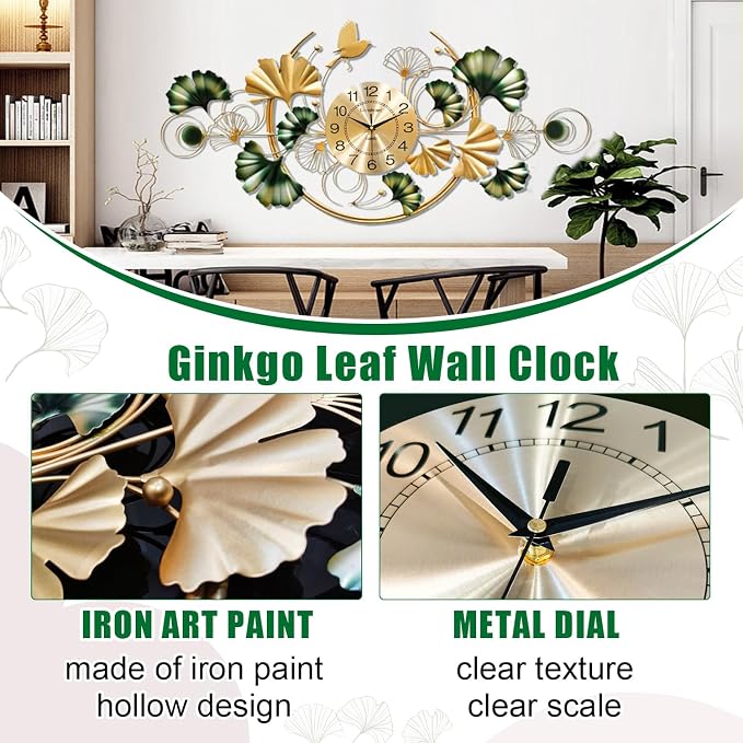 Big Wall Clock, Unique Ginkgo Leaf Decorative Wall Clocks, Luxury Metal Gold - Image 5