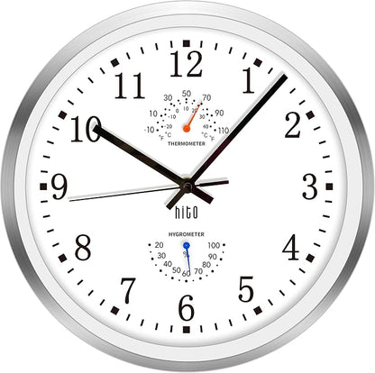 HITO 12 Inch Silent Wall Clock Battery Operated Non Ticking Glass Cover Silver by hito