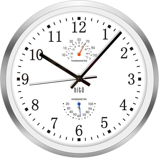 HITO 12 Inch Silent Wall Clock Battery Operated Non Ticking Glass Cover Silver by hito