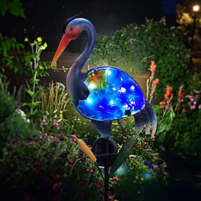 Heron Solar Garden Lights, Hand-Painted Glass Solar Garden Decor, Lawn Ornaments Solar Stake Lights Yard Art Solar Landscape Lights for Patio Lawn Yard Porch Decor