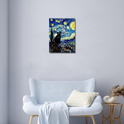ALMLZL Framed Van Gogh The Starry Night Cat Canvas Wall Art Cute Funny Black - Image 3