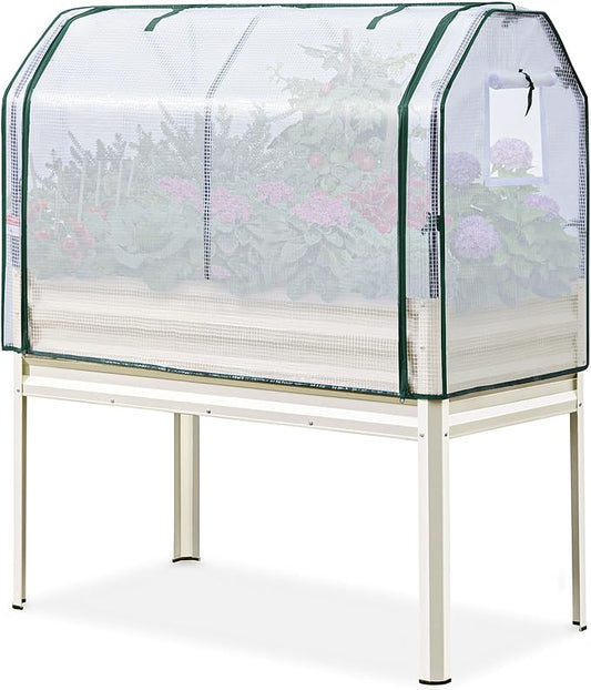 KING BIRD Large Raised Garden Bed with Cover Galvanized Elevated Planter Box with Legs 48×24×56 in for Backyard, Patio, Balcony, 400lb Capacity, Beige