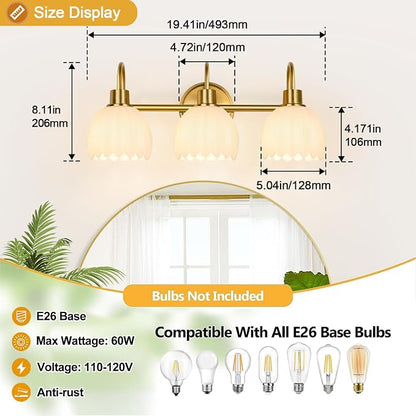 Bathroom Light Fixtures, 3-Light Gold Vanity Light Fixtures - Image 8