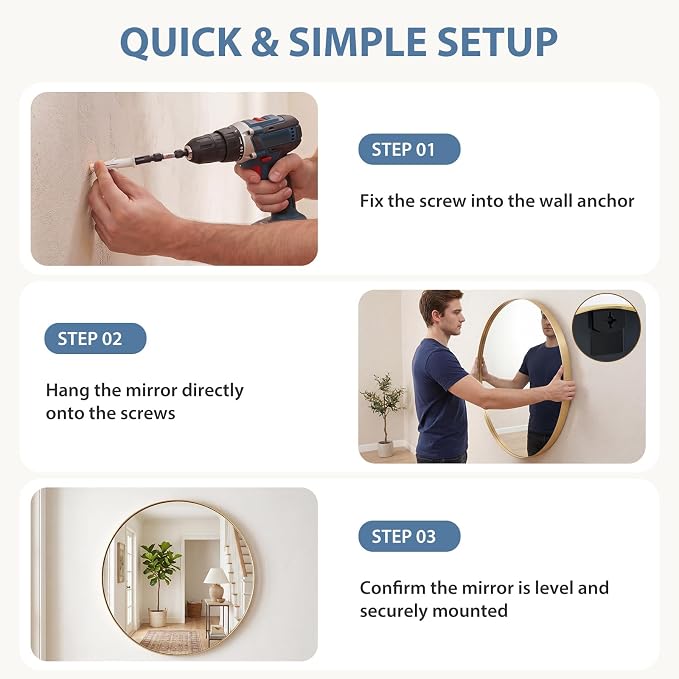 DUMOS 20-Inch Round Wall Mirror, Bathroom Wall Circle Mirror - Image 6