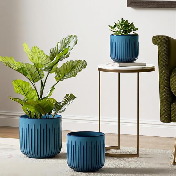 LE TAUCI Ceramic Pots for Plants, 8.3+6.9+5.7 inch Plant Pots Indoor, Flower Pots with Drainage Holes, Medium Cylinder Planters Pot for Indoor House Plants, Set of 3, Glaze Ocean Blue