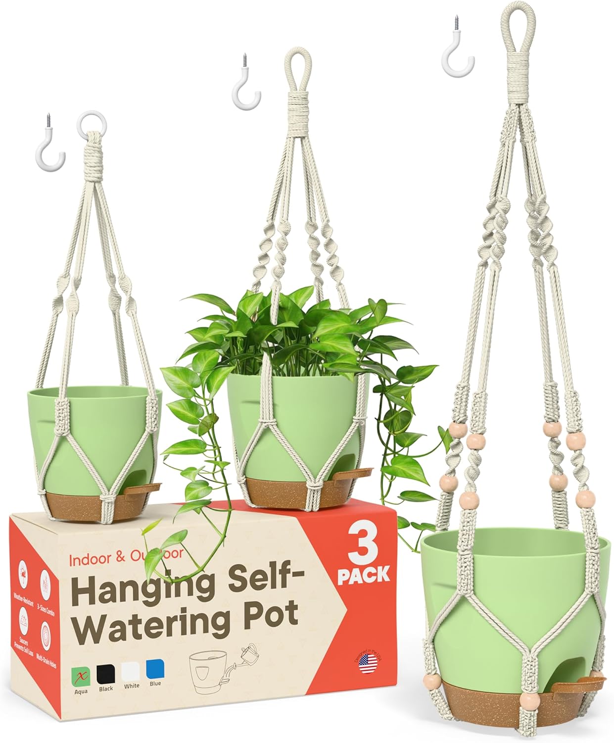 Green Hanging Self Watering Pots with Macrame Ivory Rope, 3 Pack Indoor & Outdoor Hanging Plant Pots with Built-in Reservoir, Wick Rope, Drainage Holes & Hooks, Stylish Boho Decor Hanging Planter