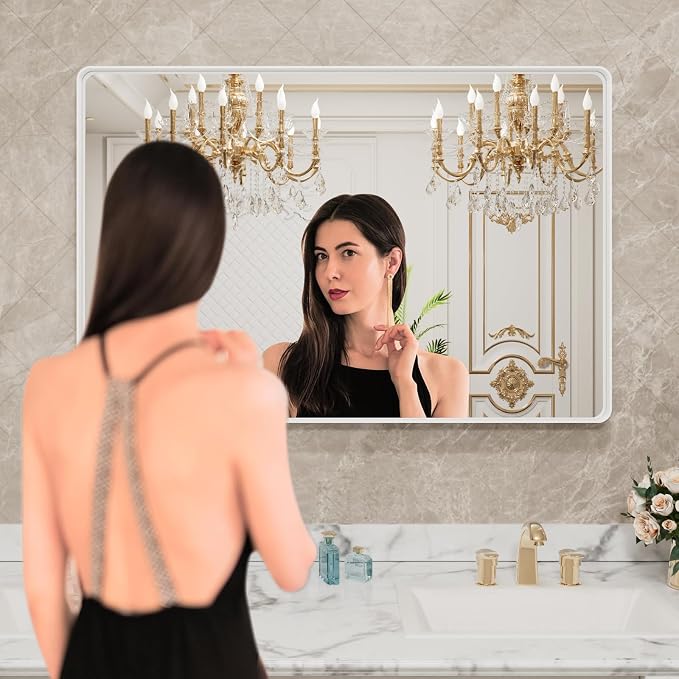 LOAAO 40x36 Inch White Metal Framed Bathroom Mirror - Image 2