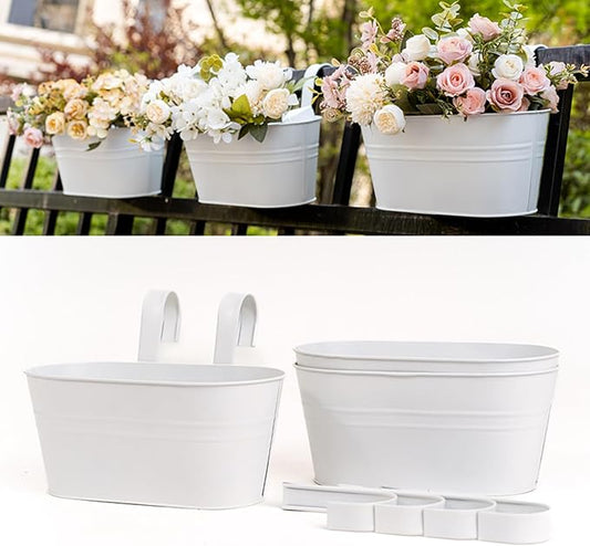 3 Pack Metal Hanging Flower Pots for Railing Fence，Outdoor Balcony Rail Planter with Detachable Hooks Drainage Holes for Deck Garden Home Decor White