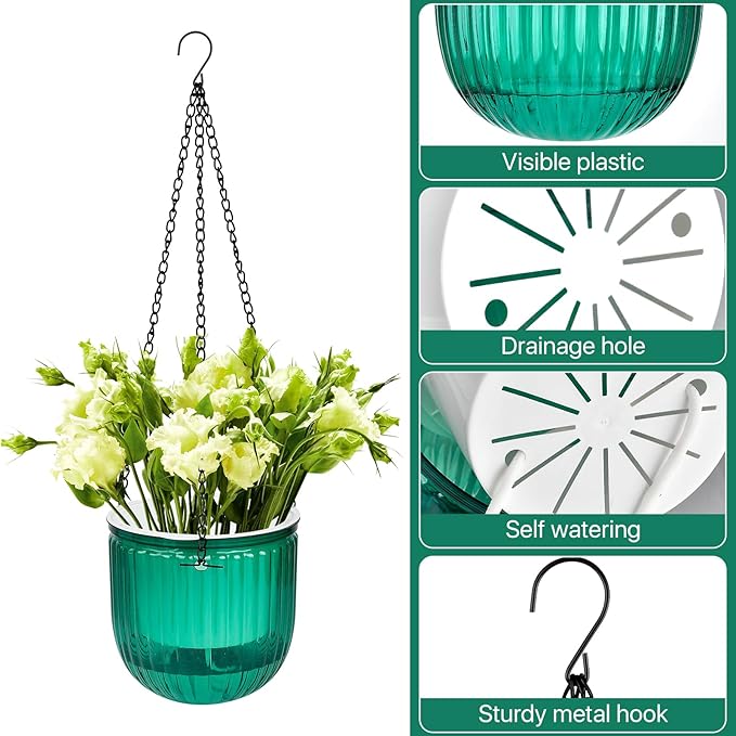 4Pcs Self Watering Hanging Planters, 6.5'' 4.5'' Hanging Flower Pots, Plastic Hanging Plant Basket with Drainage Holes, Visible Hanging Planters for Indoor Plants Garden Home(Emerald)