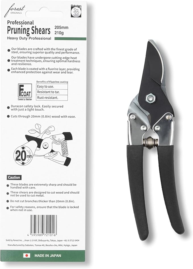 Saboten 7.9" Japanese Pruning Shears - forest Originals, Premium Steel Blades, Made in Japan, Rust Resistant, Gardening Scissors with Duracon Safety Lock