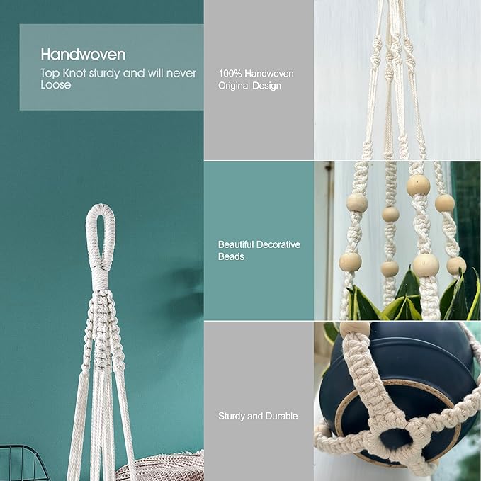 Macrame Plant Hanger for 5 to 10 Inch Plant Pots, Set of 2 Indoor Handmade 35 Inch Woven Rope Hanger Kits with Hooks and Wood Beads, Hanging Planter Basket Holder for Boho Home Decor (White, 2 Pack)