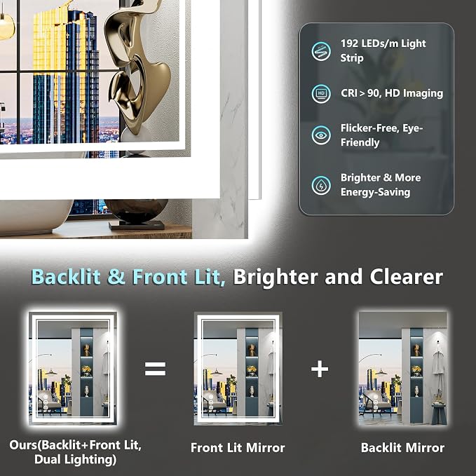 24x32 LED Bathroom Mirror with Lights, Backlit and Front Lit Anti-Fog Lighted - Image 3